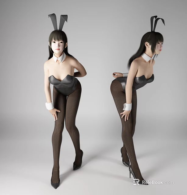 Woman Wearing Bunny Ears Black Corset Brown Fishnet Stockings White Cuffs and High Heels 3d model 