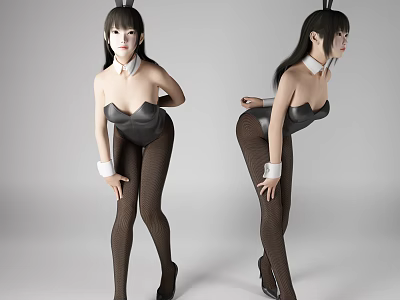 Woman Wearing Bunny Ears Black Corset Brown Fishnet Stockings White Cuffs and High Heels 3d model
