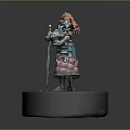 Game Movie Character Armored Figure With Red Headdress Blue Robe Holding Sword Shield Round Base