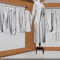 Modern Wooden Hexagonal Display Rack Holding White Clothes With Central Black Stand