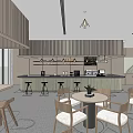 Modern Bar Counter Interior Design With Wooden Stools Ceiling Lights And Dining Space 3d model