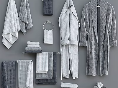 Soft Gray And White Bathrobes With Hanging And Folded Towels For Home Use 3d model