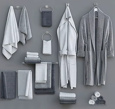 Soft Gray And White Bathrobes With Hanging And Folded Towels For Home Use 3d model
