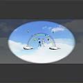 Two Blue And Pink Haired Girls Standing On Platform With Rainbow Balloons Doves And Clouds