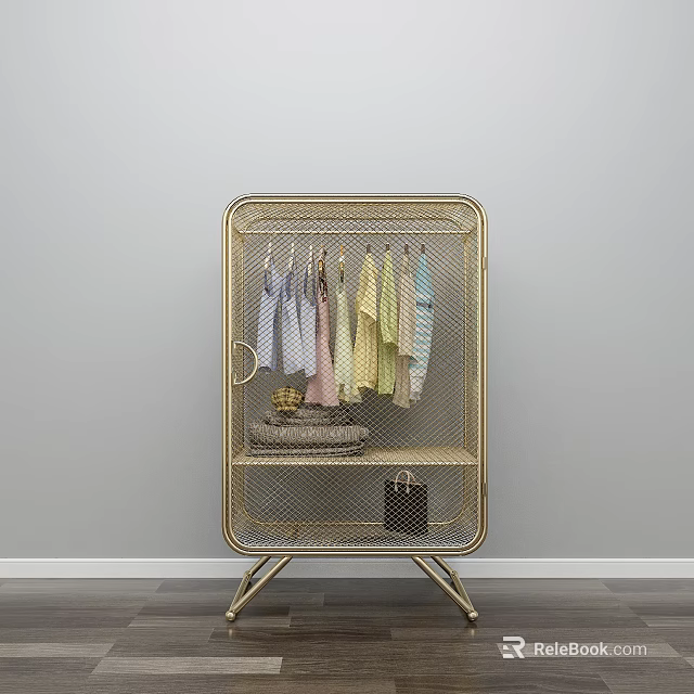 Gold Metal Frame Wardrobe with Hanging Rod for Colorful Clothes and Shelf Accessories 3d model 