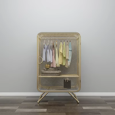 Gold Metal Frame Wardrobe with Hanging Rod for Colorful Clothes and Shelf Accessories 3d model