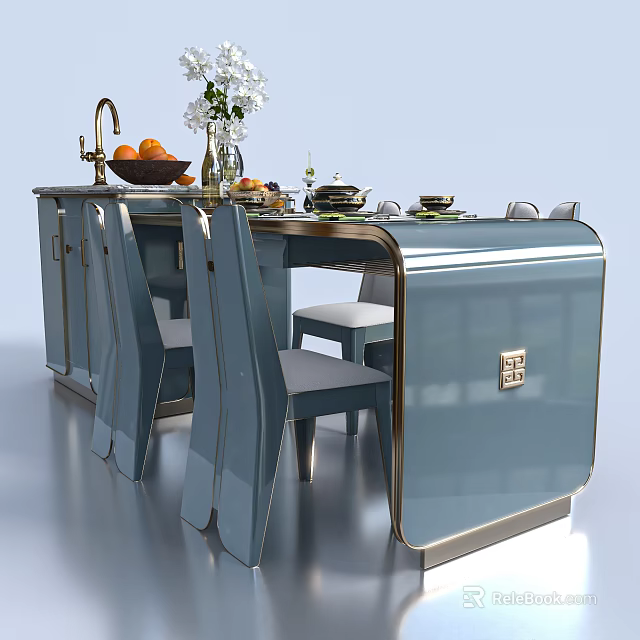 Elegant Modern Dining Table Set With Light Blue Table Matching Chairs Vase And Fruit Bowl 3d model