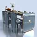 Elegant Modern Dining Table Set With Light Blue Table Matching Chairs Vase And Fruit Bowl 3d model