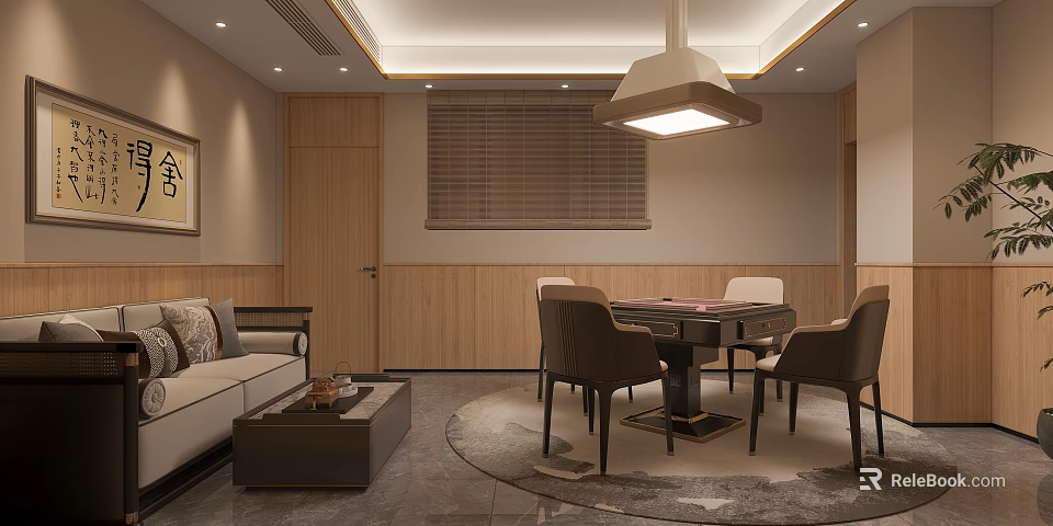 Modern Hotel Mahjong Room Interior With Mahjong Table Comfortable Chairs Sofa And Wooden Walls 3d model 