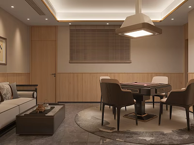 Modern Hotel Mahjong Room Interior With Mahjong Table Comfortable Chairs Sofa And Wooden Walls 3d model