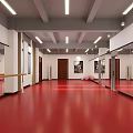 Spacious Fitness Studio With Mirrors Red Floor Exercise Balls And Ballet Barres