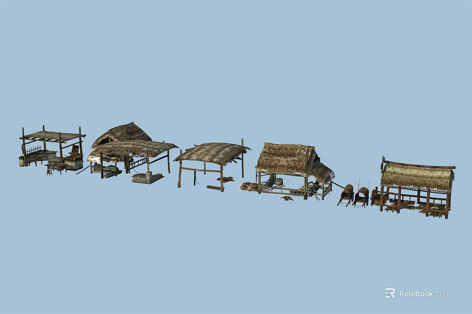 Row Of Traditional Thatched Houses With Various Structures And Outdoor Furniture 3d model 