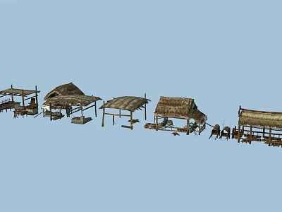 Row Of Traditional Thatched Houses With Various Structures And Outdoor Furniture 3d model