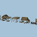 Row Of Traditional Thatched Houses With Various Structures And Outdoor Furniture