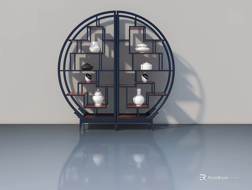 Circular Display Cabinet With Hinged Door Black Frame White Porcelain And Ornaments 3d model 