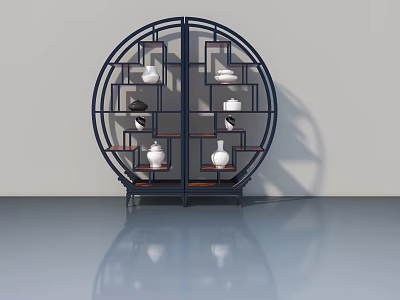 Circular Display Cabinet With Hinged Door Black Frame White Porcelain And Ornaments 3d model