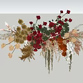Vibrant Artistic Floral Display with Red Gold Orange Flowers and Decorative Branches