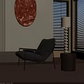 Modern Gray Fabric Accent Chair With Metal Frame Spiral Lamp And Orange Wall Art