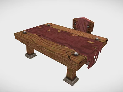 Wooden Table and Chair Set With Red Tablecloth Square Legs and Drawer Design 3d model
