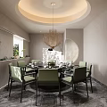 Modern Private Dining Room With Round Table And Green Chairs 3d model