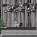 Elegant Reception Desk Furniture With Wavy Pendant Lights Striped Background Wall And Green Plant