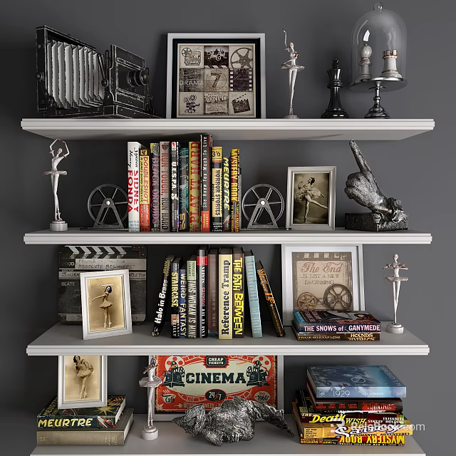 Vintage Cinema Themed Decorative Ornament Set with Books Frames Trophies Film Reels for Shelf 3d model 