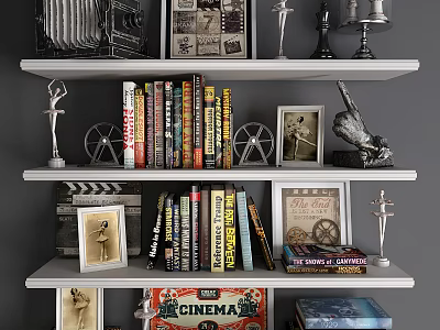 Vintage Cinema Themed Decorative Ornament Set with Books Frames Trophies Film Reels for Shelf 3d model