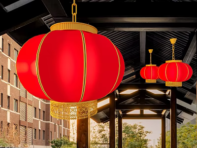 Red Lanterns With Golden Tassels Hanging Under Traditional Wooden Building Eaves 3d model