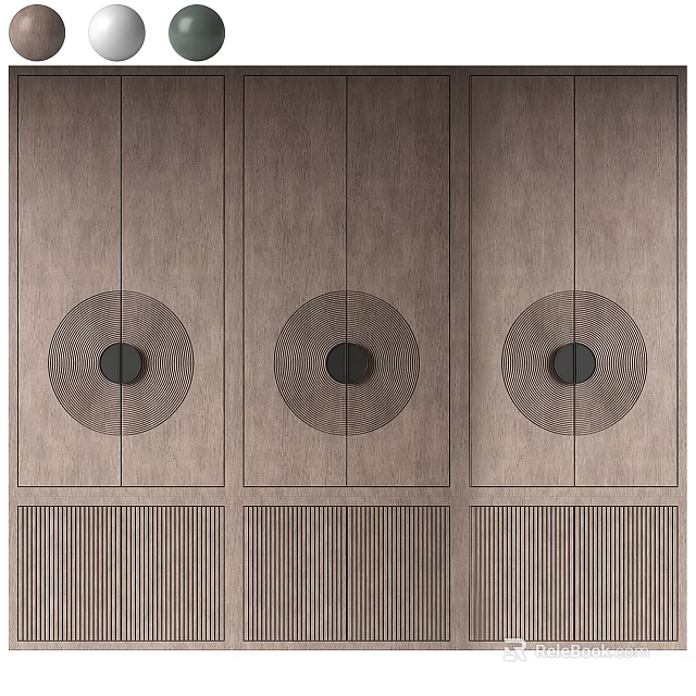 Modern Wooden Wardrobe Design With Circular Decorative Panels And Vertical Lines 3d model 