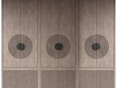 Modern Wooden Wardrobe Design With Circular Decorative Panels And Vertical Lines 3d model