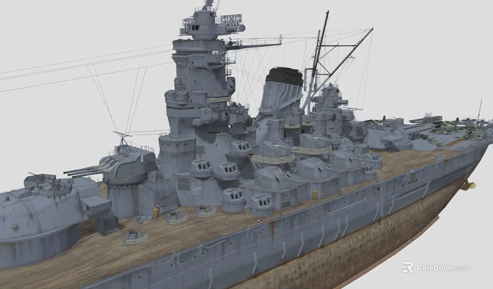 Detailed Warship Model With Tall Superstructure Multiple Turrets Upper Decks And Mast Structures 3d model