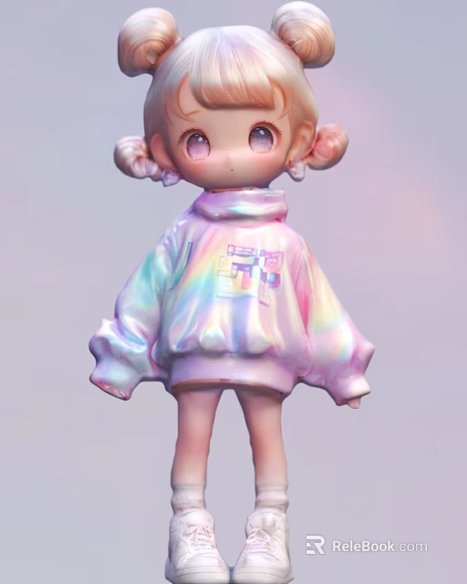 Cute Doll with Pigtails Big Eyes and Iridescent Hoodie Design 3d model 