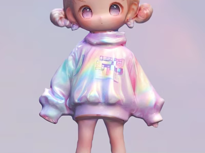 Cute Doll with Pigtails Big Eyes and Iridescent Hoodie Design 3d model