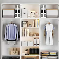 Modern White Wardrobe Interior With Hanging Clothes Bookshelves Storage Boxes And Decorative Items