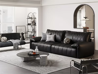 Stylish Living Room Interior with Black Leather Sofa Pillows Round Coffee Table and Rug 3d model