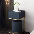 Elegant Modern Dressing Table with Mirror Golden Frame Multiple Compartments and Dark Blue Stool 3d model