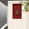 Red and White Buddhist Shrine Cabinet with Golden Buddha Statue Glowing Light and Green Branches