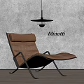 Minotti Modern Brown Leather Lounge Chair With Metal Frame Grey Wall Wooden Floor Hanging Lamp