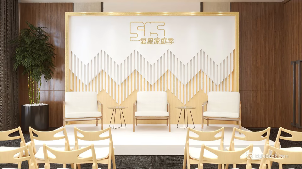 Ballroom Stage With Golden Geometric Backdrop White Chairs And Small Tables 3d model 
