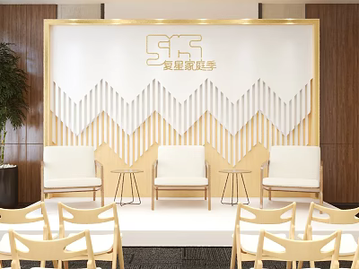 Ballroom Stage With Golden Geometric Backdrop White Chairs And Small Tables 3d model