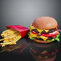 Delicious Cheeseburger With Bacon Lettuce Tomato And Golden French Fries In Red Packaging