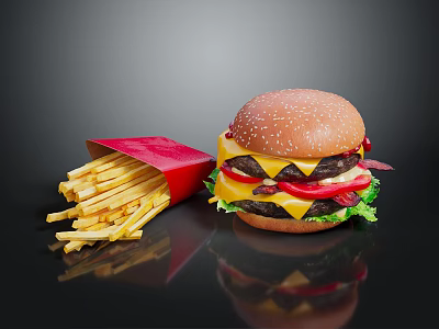 Delicious Cheeseburger With Bacon Lettuce Tomato And Golden French Fries In Red Packaging 3d model
