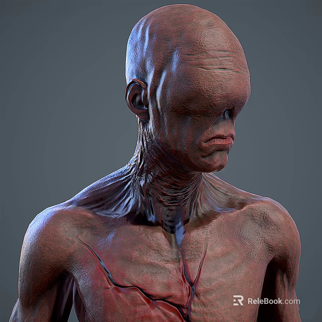 Alien Monster Character with Rough Skin Texture Sunken Face and Exposed Chest Veins 3d model 