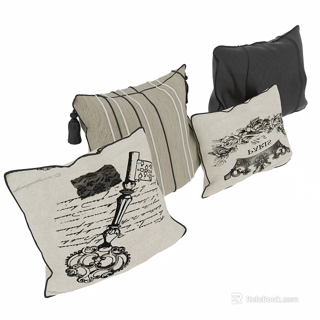 Stylish Linen Throw Pillows Featuring Striped Patterns And Handwritten Text Designs In Neutral Tones 3d model 