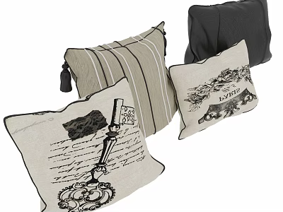 Stylish Linen Throw Pillows Featuring Striped Patterns And Handwritten Text Designs In Neutral Tones 3d model