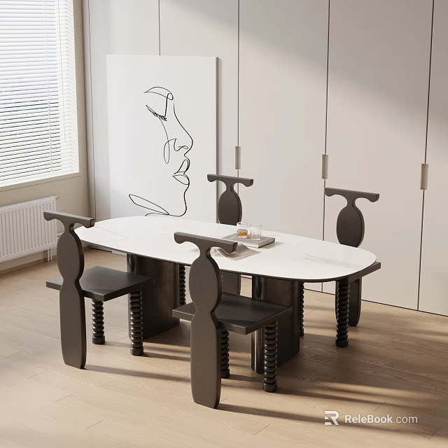 Modern Dining Table Set With White Marble Top And Unique Black Chairs 3d model