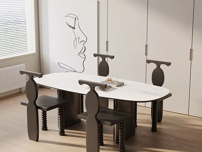 Modern Dining Table Set With White Marble Top And Unique Black Chairs 3d model