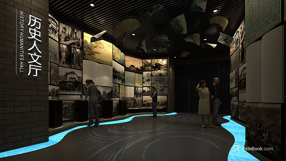 Cultural Center Exhibition Hall With Wall Art Displays And Visitors Exploring 3d model 