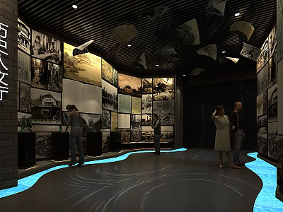 Cultural Center Exhibition Hall With Wall Art Displays And Visitors Exploring 3d model