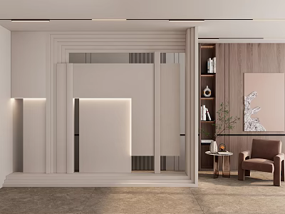 Modern Foyer Hallway Interior Design With Wall Lighting Shelf Armchair And Potted Plant 3d model
